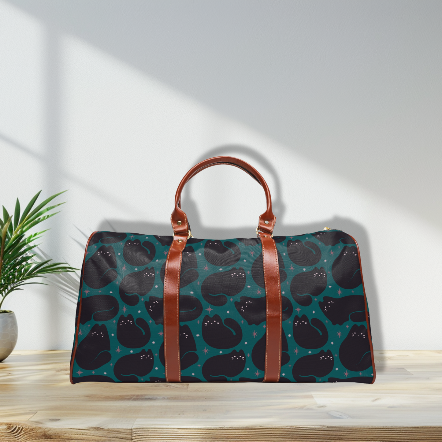 Retro Black Cat Teal Waterproof Travel Bag