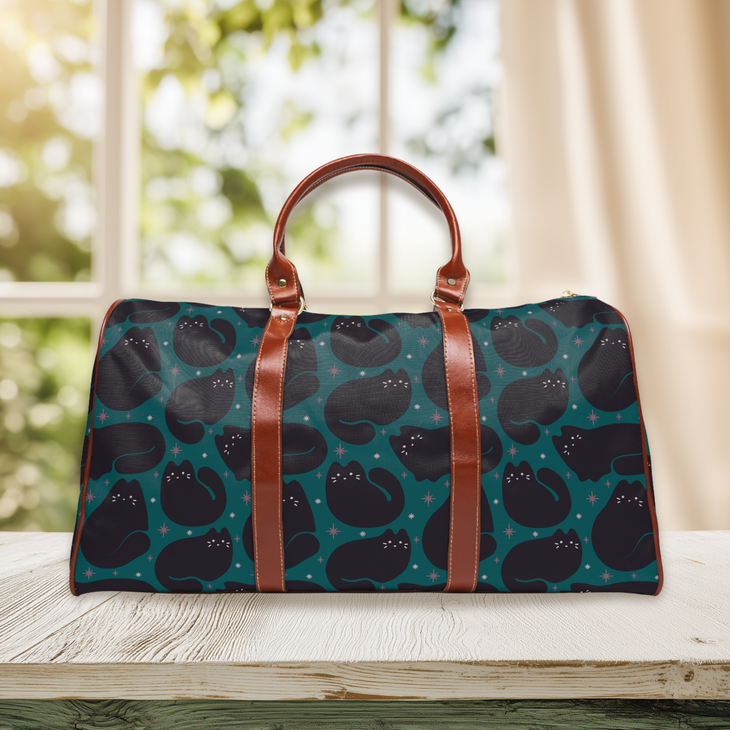 Retro Black Cat Teal Waterproof Travel Bag