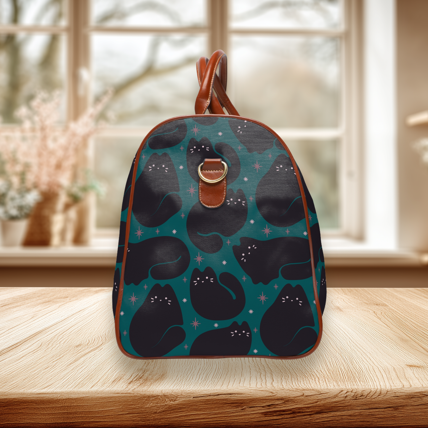 Retro Black Cat Teal Waterproof Travel Bag