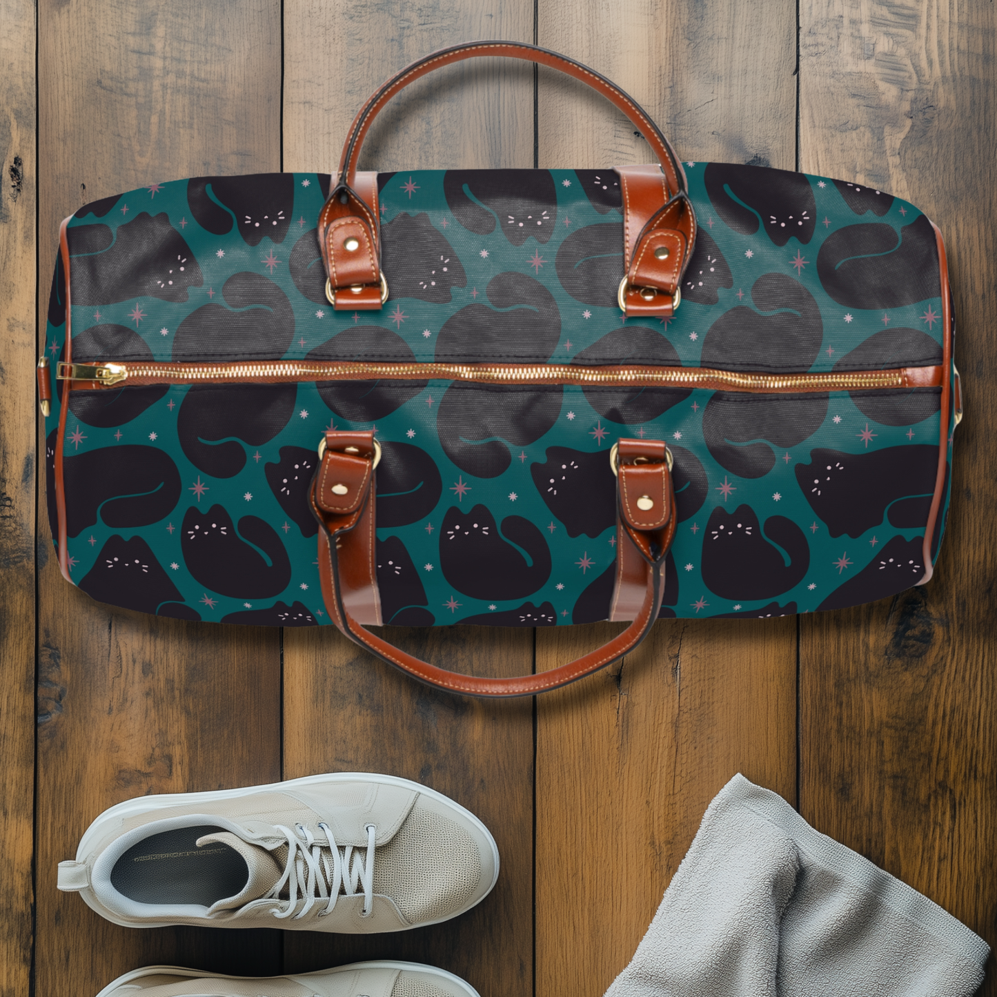 Retro Black Cat Teal Waterproof Travel Bag