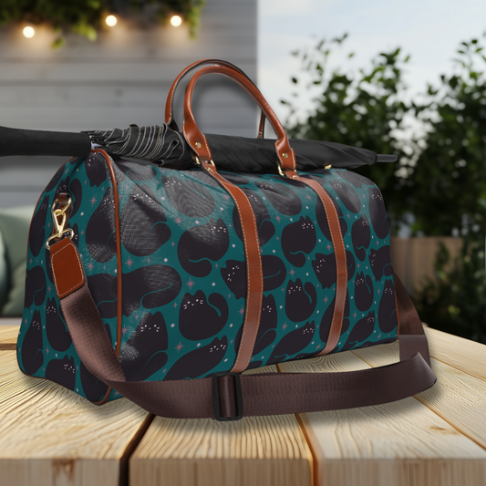 Retro Black Cat Teal Waterproof Travel Bag