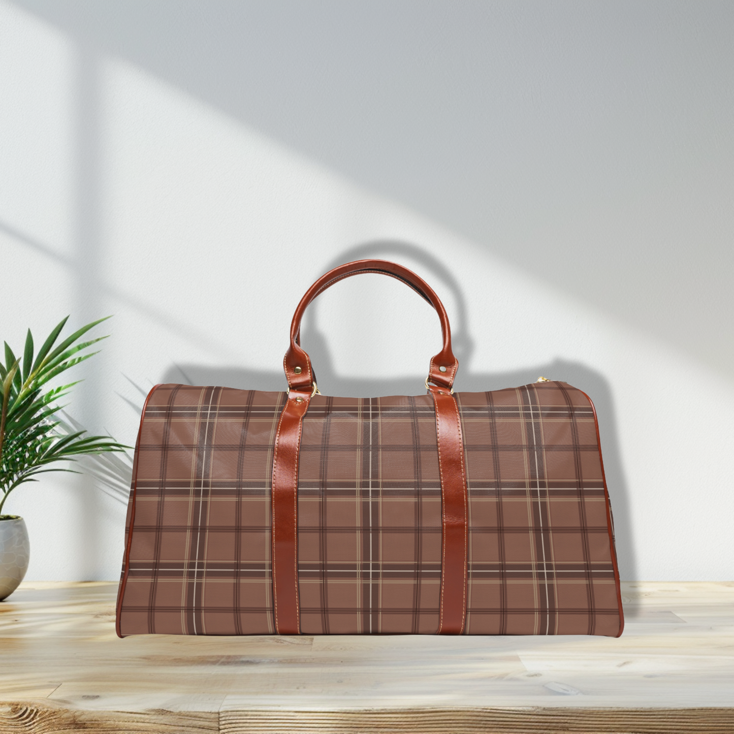 Mocha Mousse Brown Tartan Waterproof Travel Bag