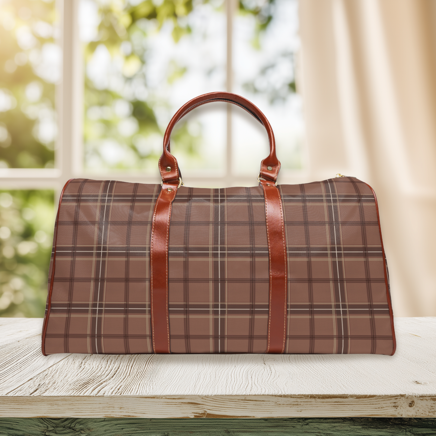 Mocha Mousse Brown Tartan Waterproof Travel Bag
