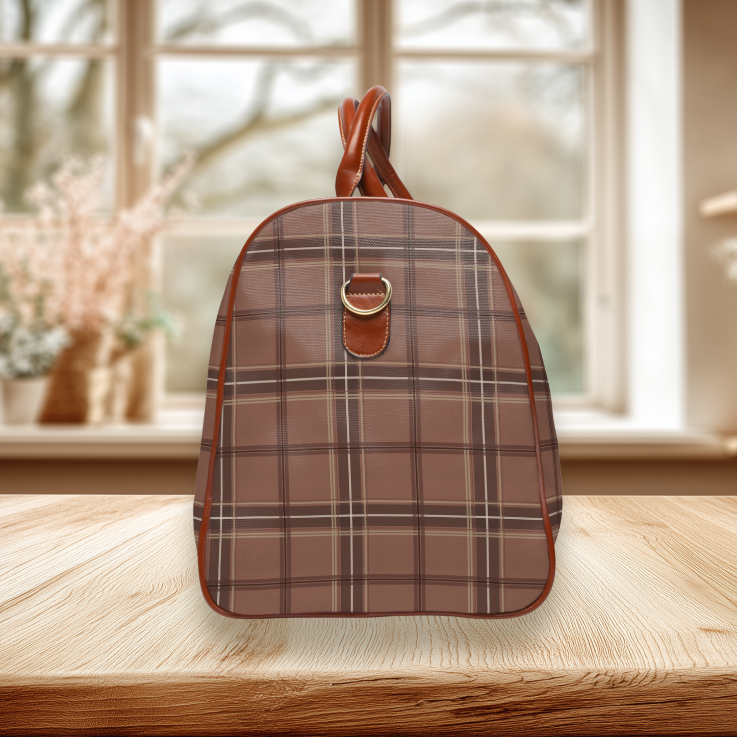 Mocha Mousse Brown Tartan Waterproof Travel Bag