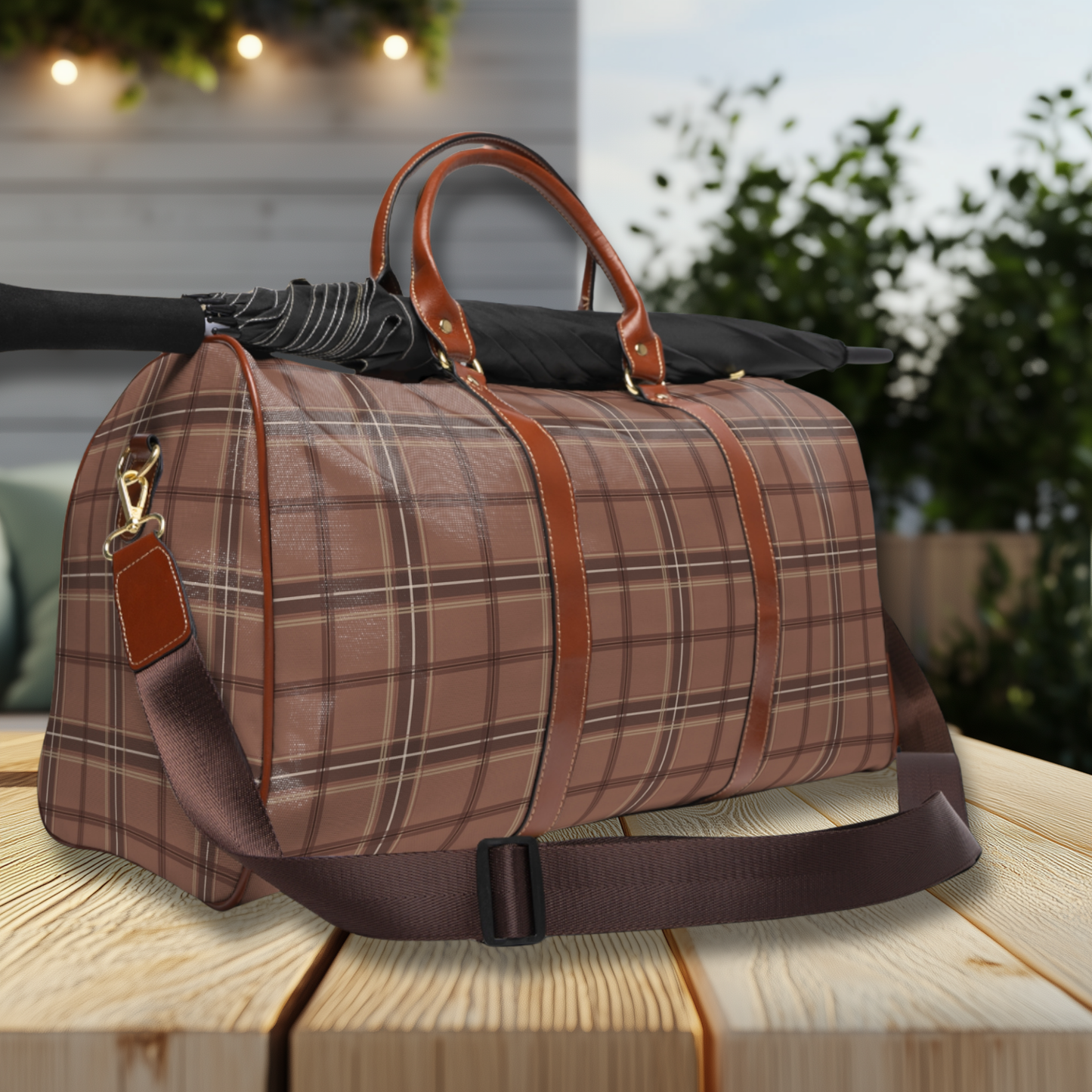 Mocha Mousse Brown Tartan Waterproof Travel Bag