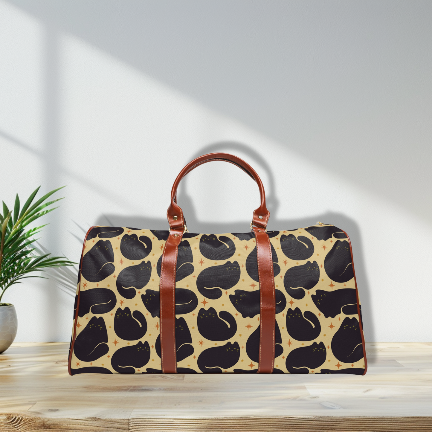 Black Cat Pattern Waterproof Travel Bag | Retro Beige Duffle