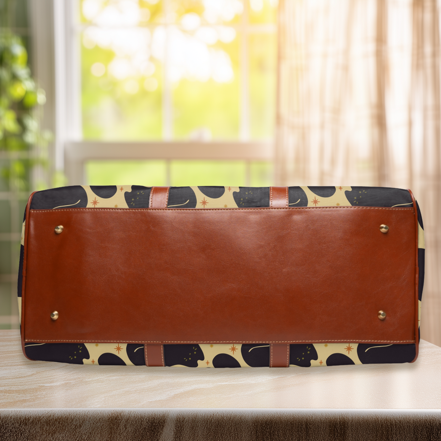 Black Cat Pattern Waterproof Travel Bag | Retro Beige Duffle