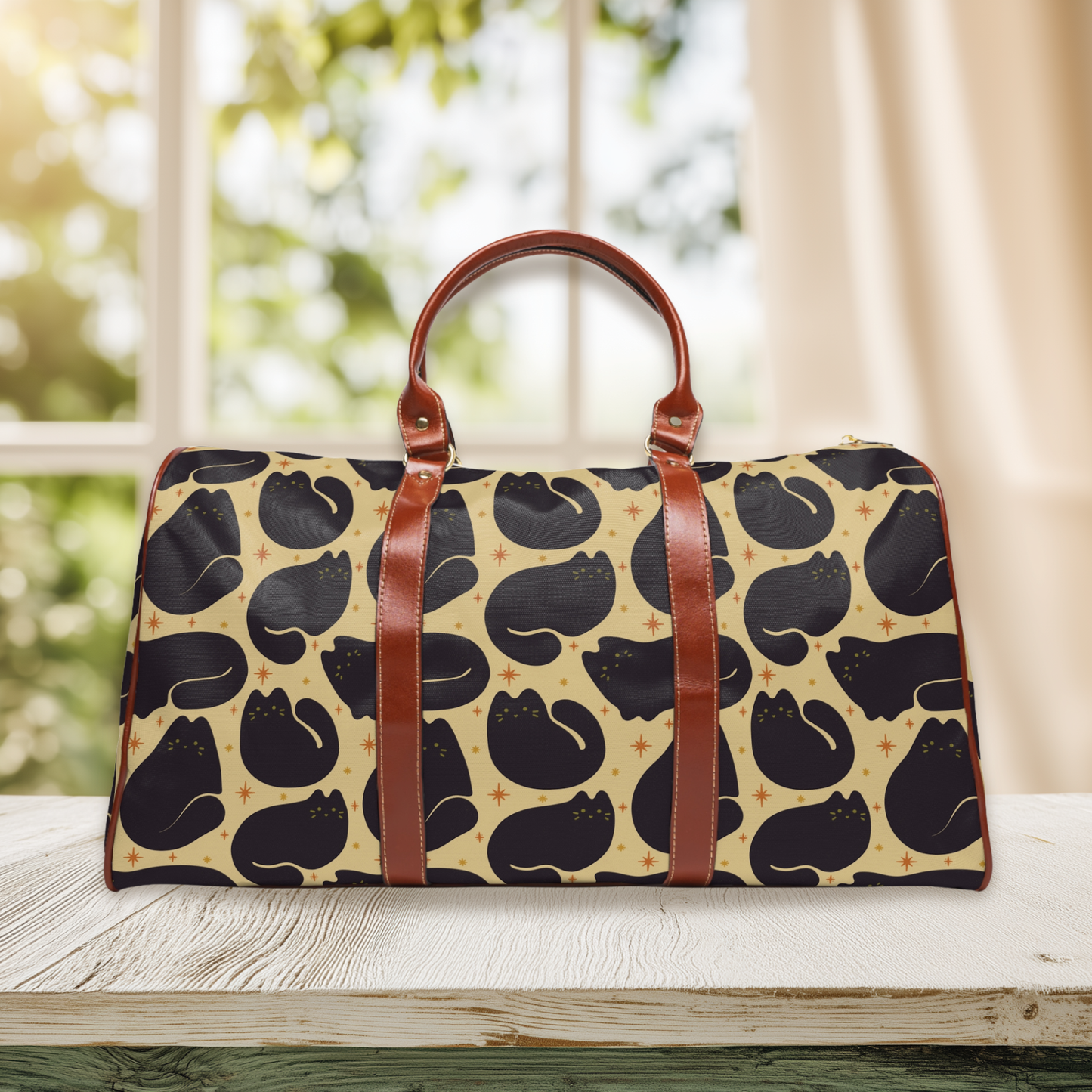 Black Cat Pattern Waterproof Travel Bag | Retro Beige Duffle