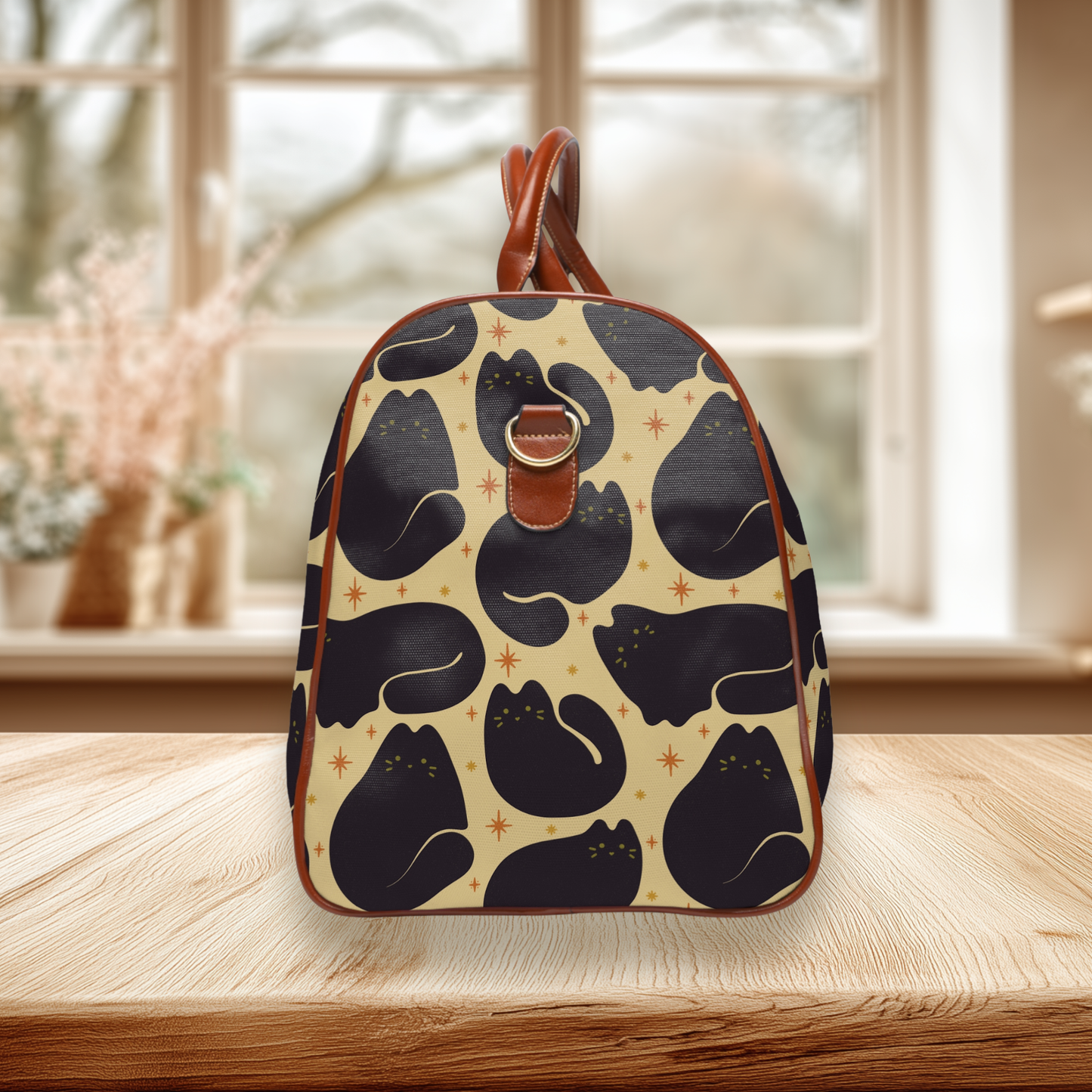 Black Cat Pattern Waterproof Travel Bag | Retro Beige Duffle