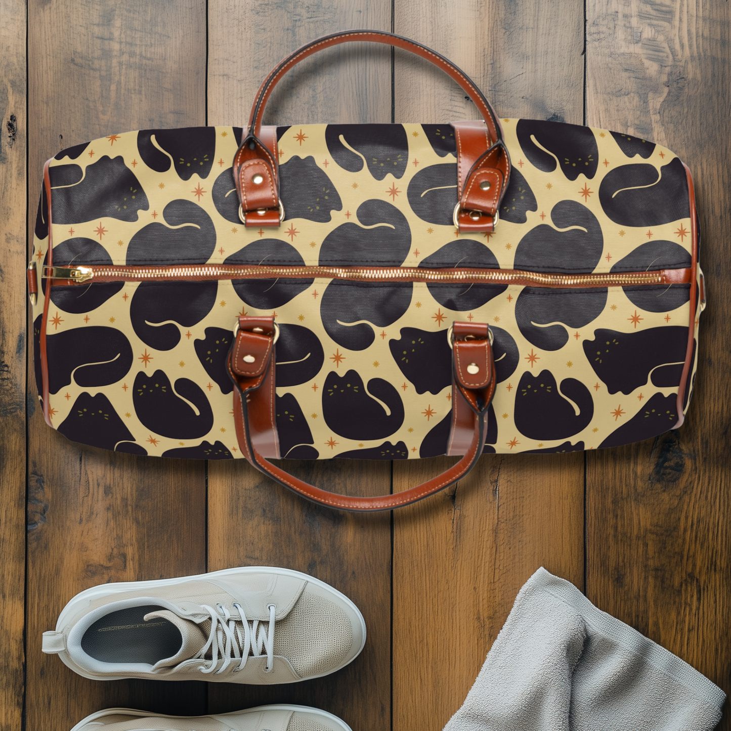 Black Cat Pattern Waterproof Travel Bag | Retro Beige Duffle