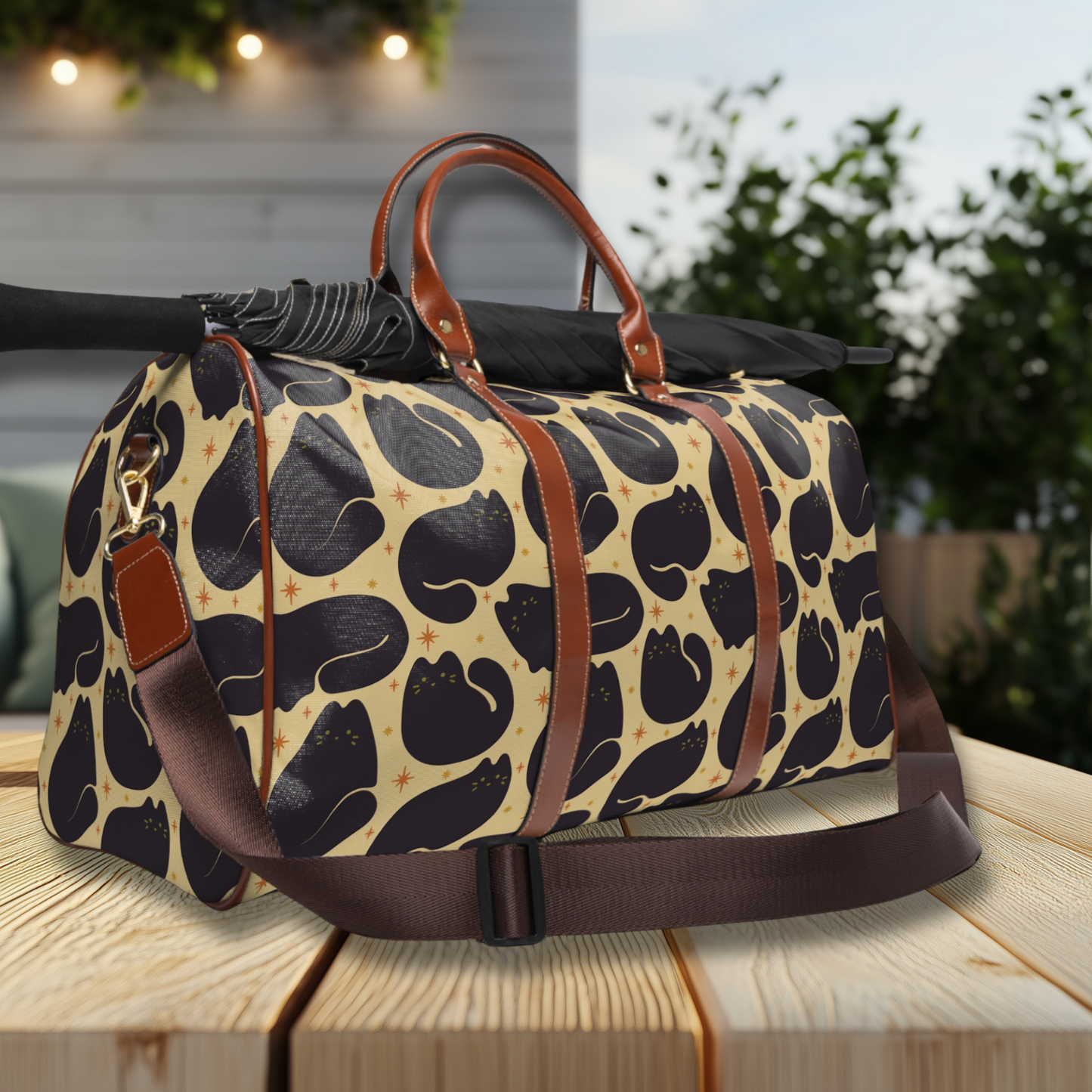 Black Cat Pattern Waterproof Travel Bag | Retro Beige Duffle
