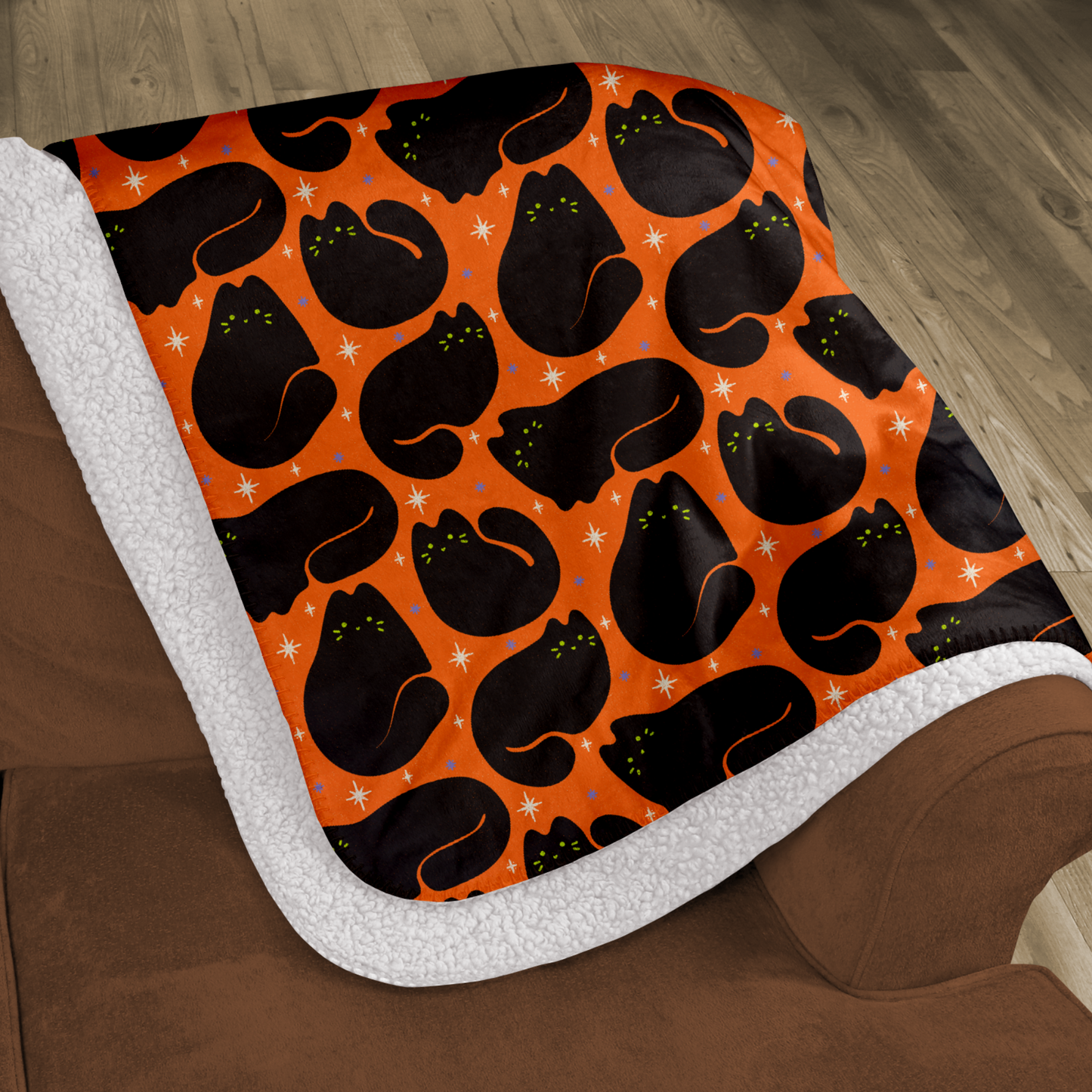 Retro Black Cat Orange Halloween Sherpa Blanket