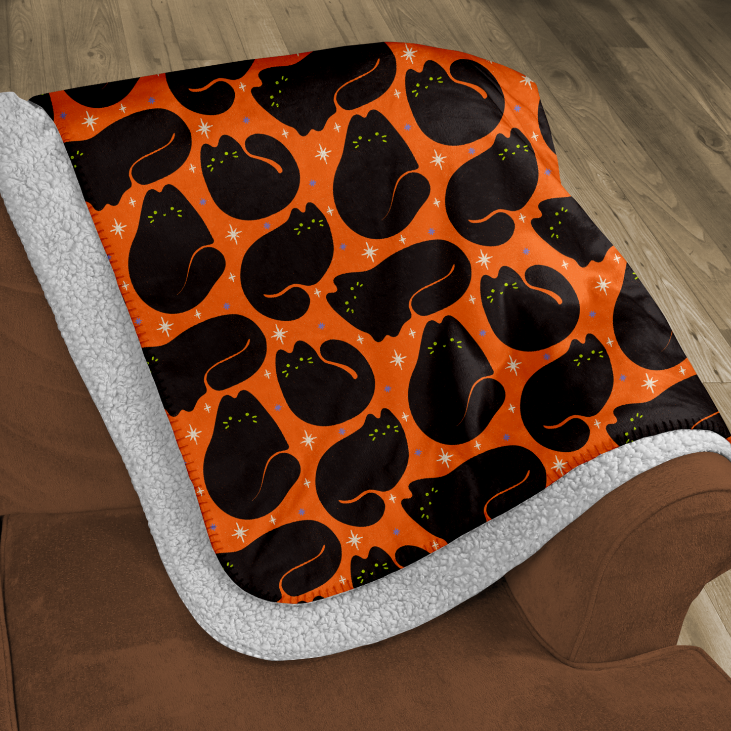 Retro Black Cat Orange Halloween Sherpa Blanket