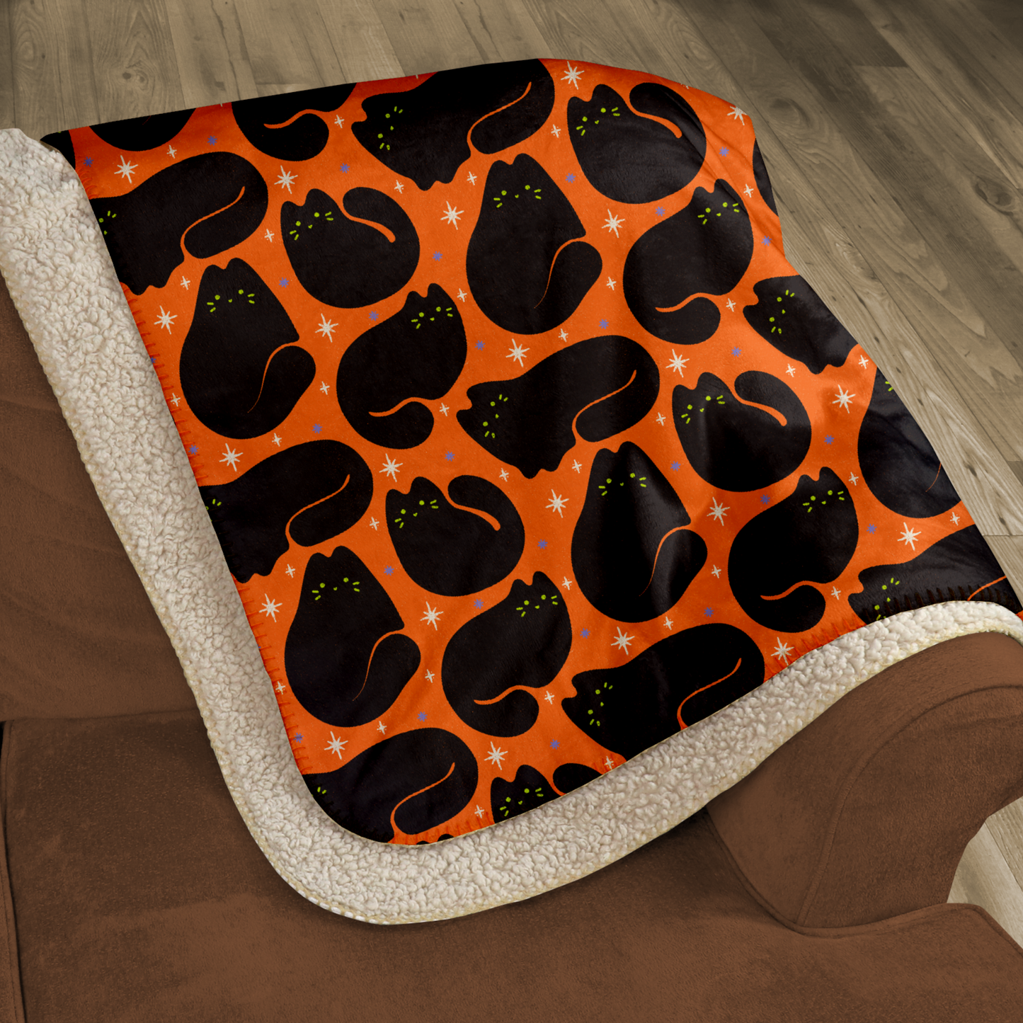 Retro Black Cat Orange Halloween Sherpa Blanket