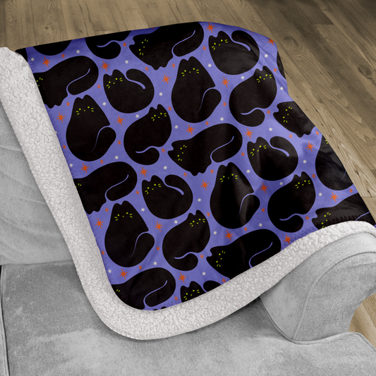 Retro Black Cat Purple Halloween Sherpa Blanket