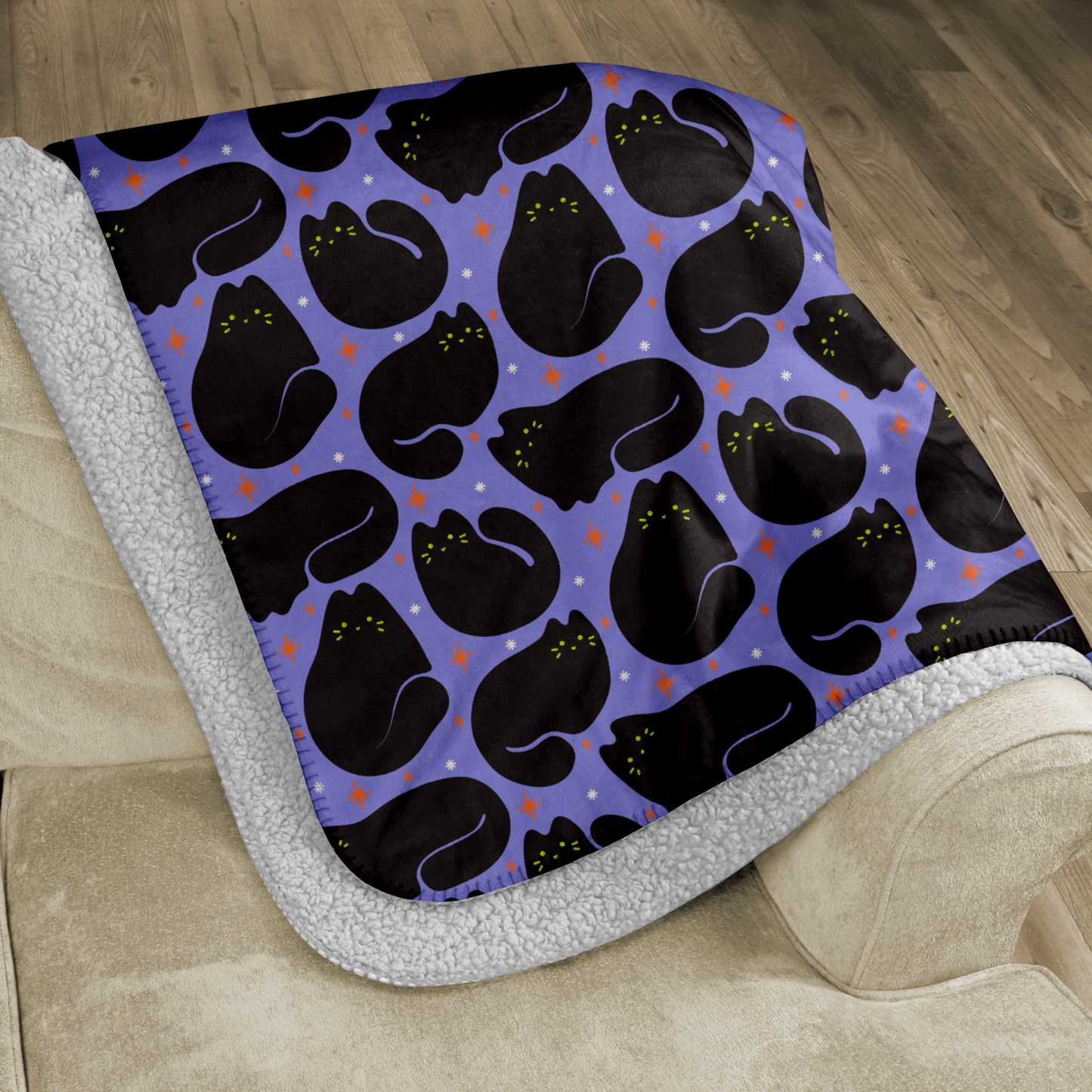 Retro Black Cat Purple Halloween Sherpa Blanket