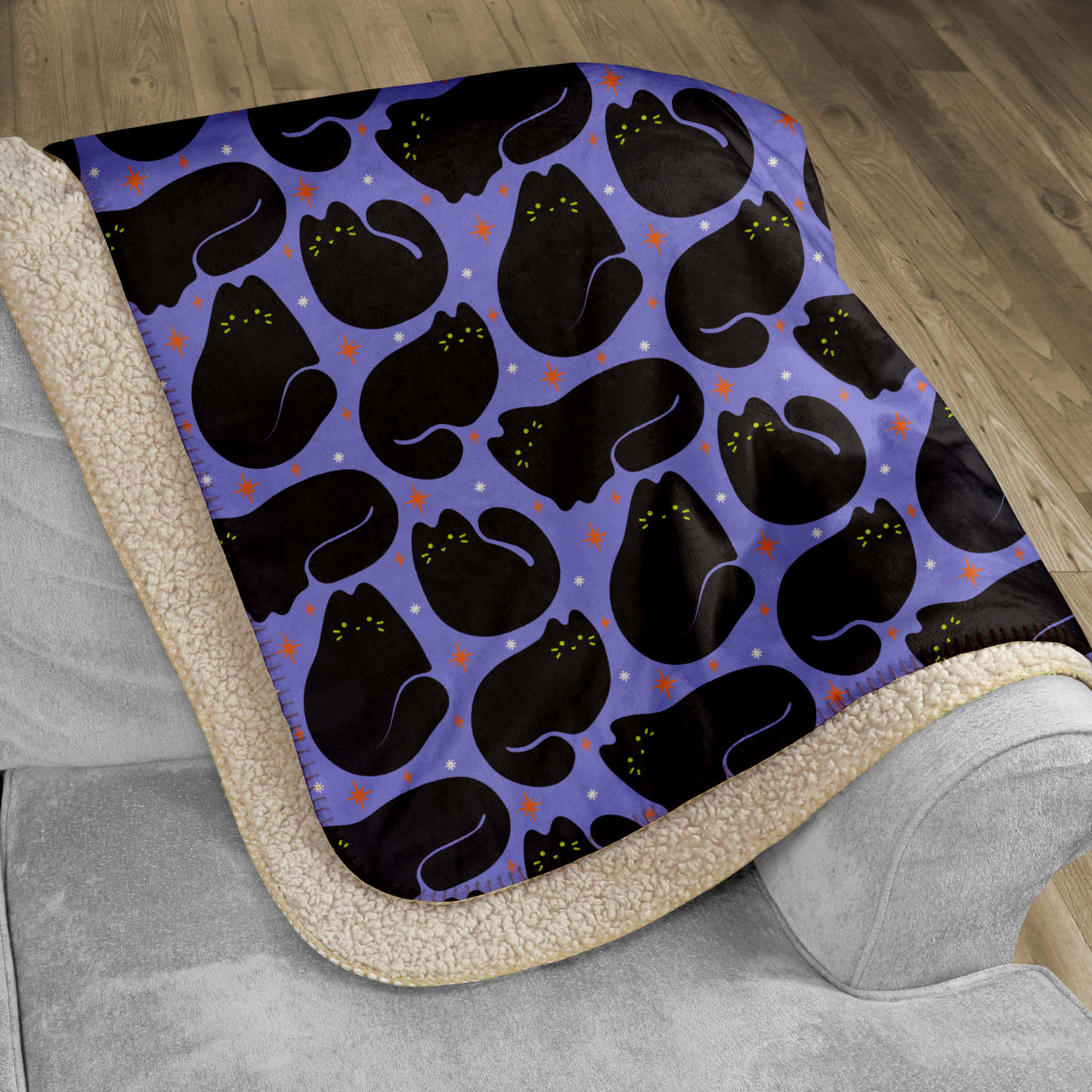Retro Black Cat Purple Halloween Sherpa Blanket