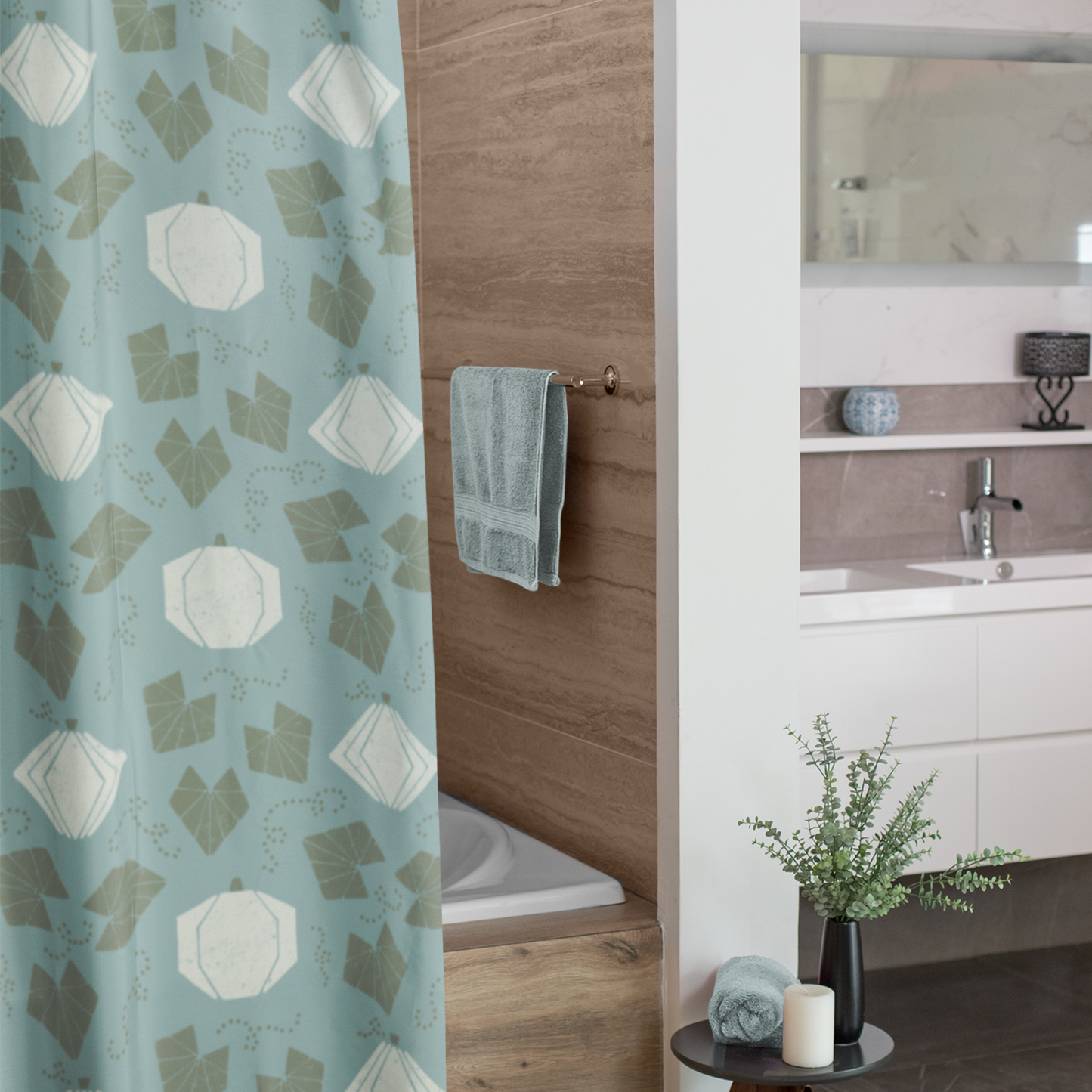 Boho Geometric Pumpkin Patch Blue Shower Curtain