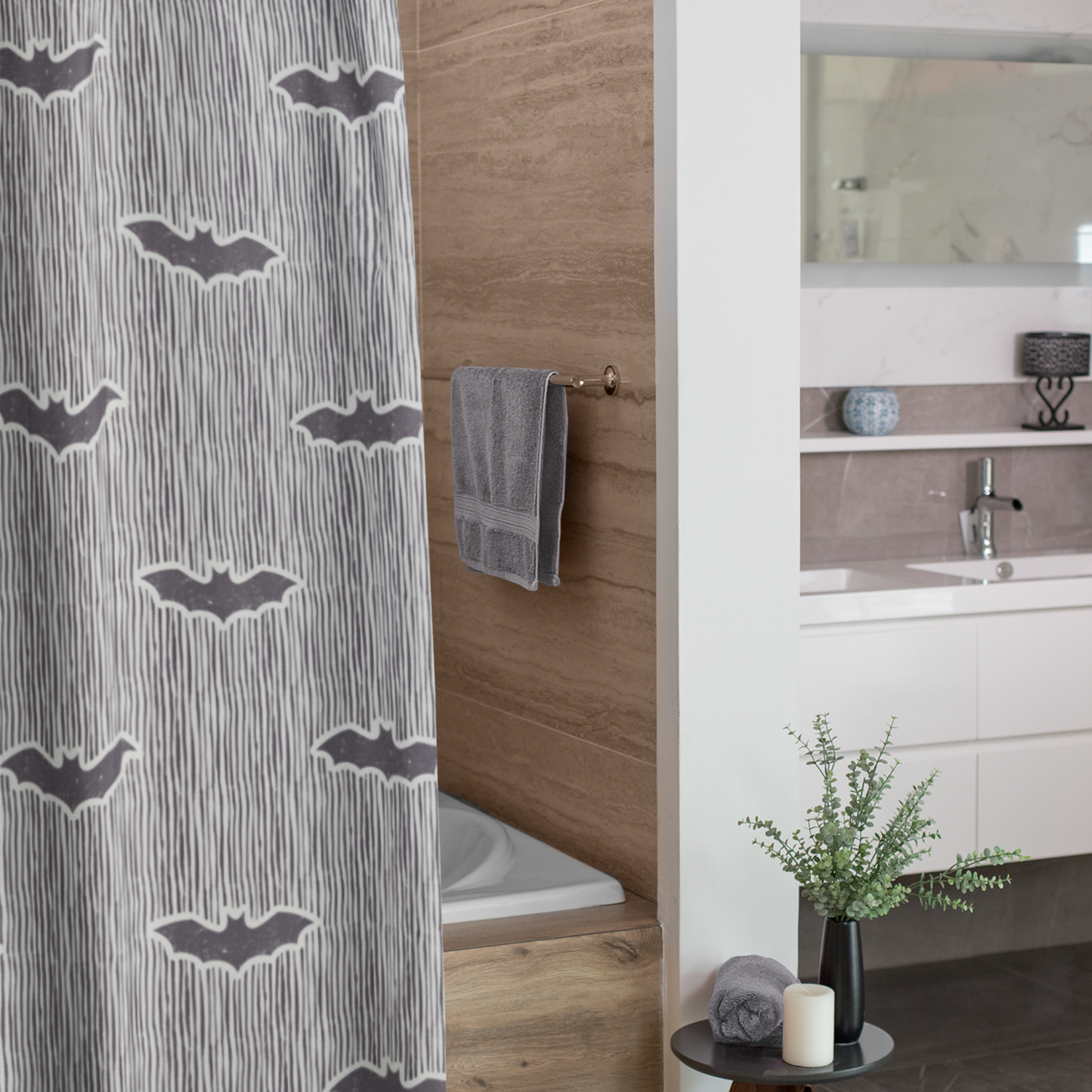 Pin Striped Bat Block Print Shower Curtain