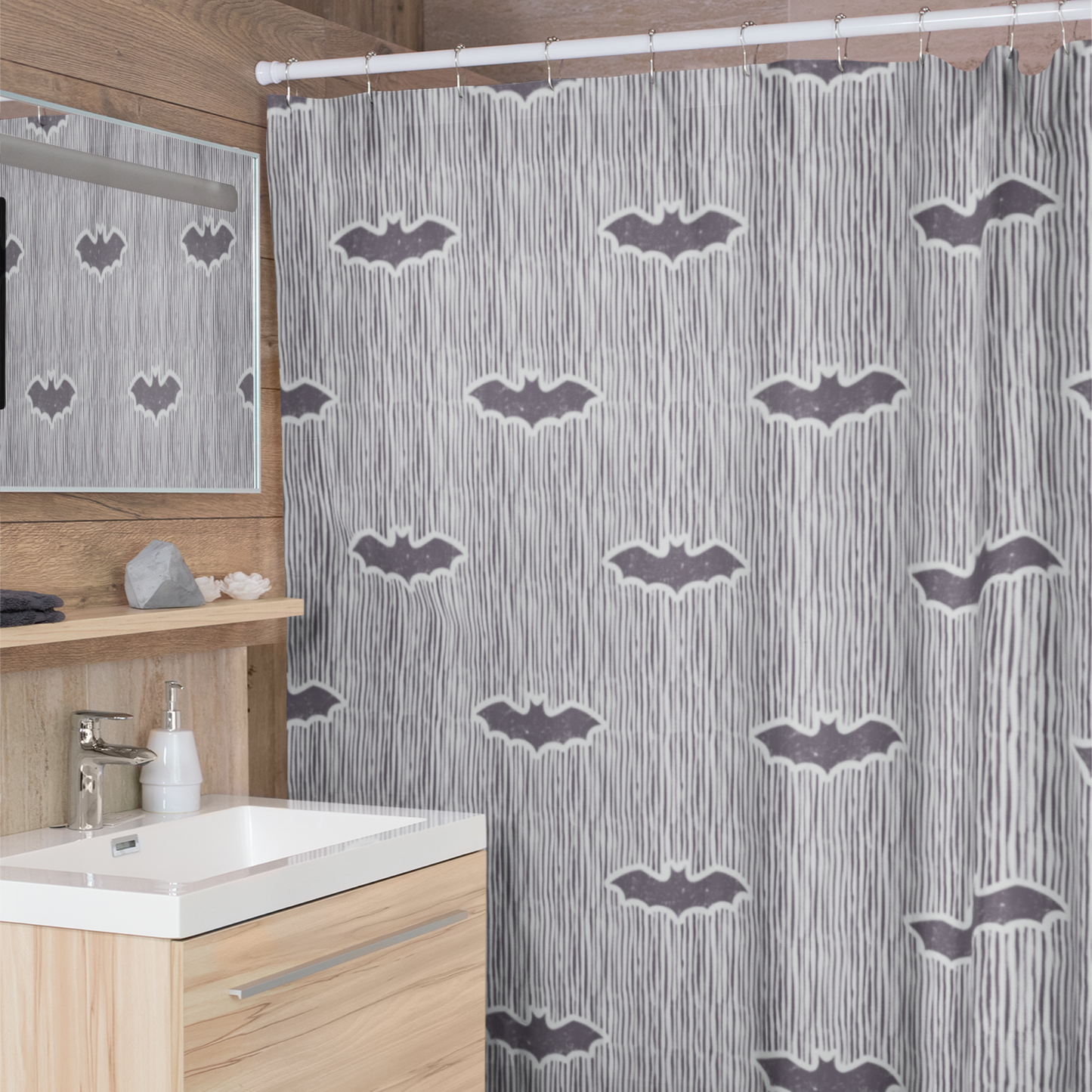 Pin Striped Bat Block Print Shower Curtain