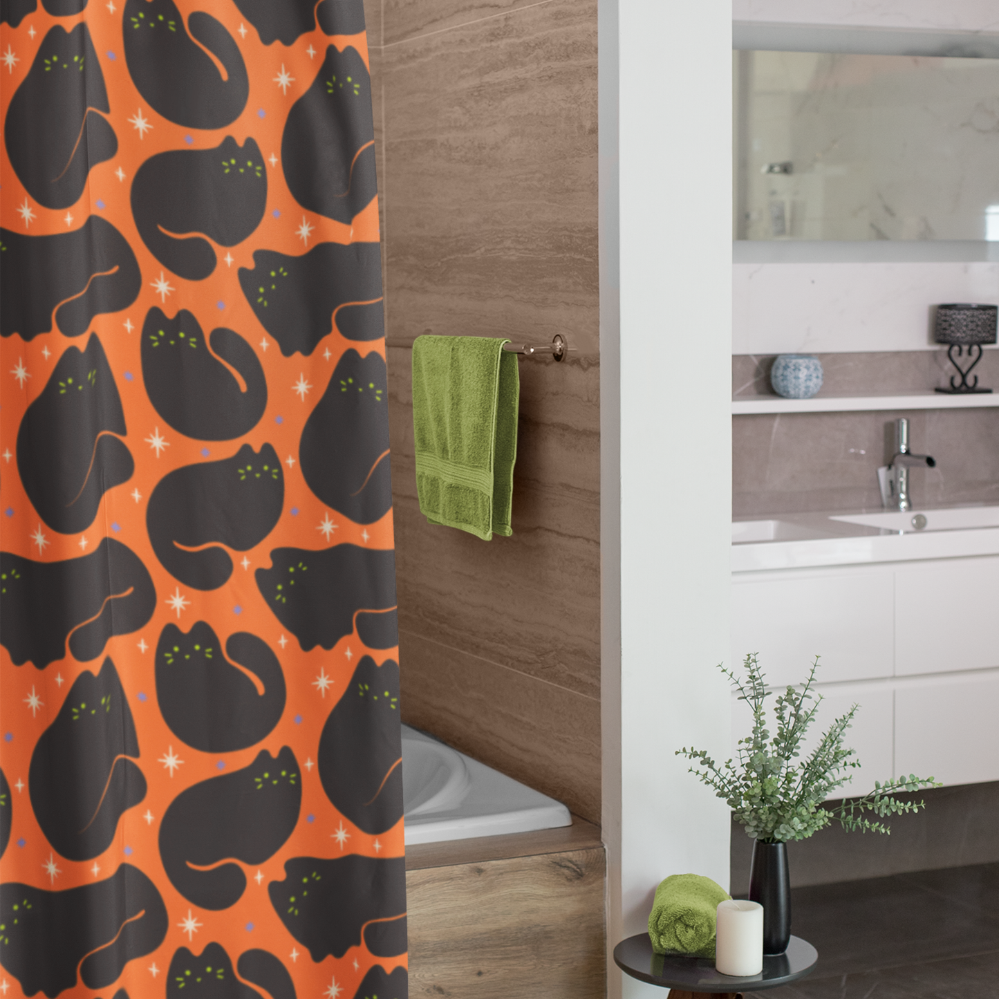 Retro Black Cats Halloween Orange Shower Curtain