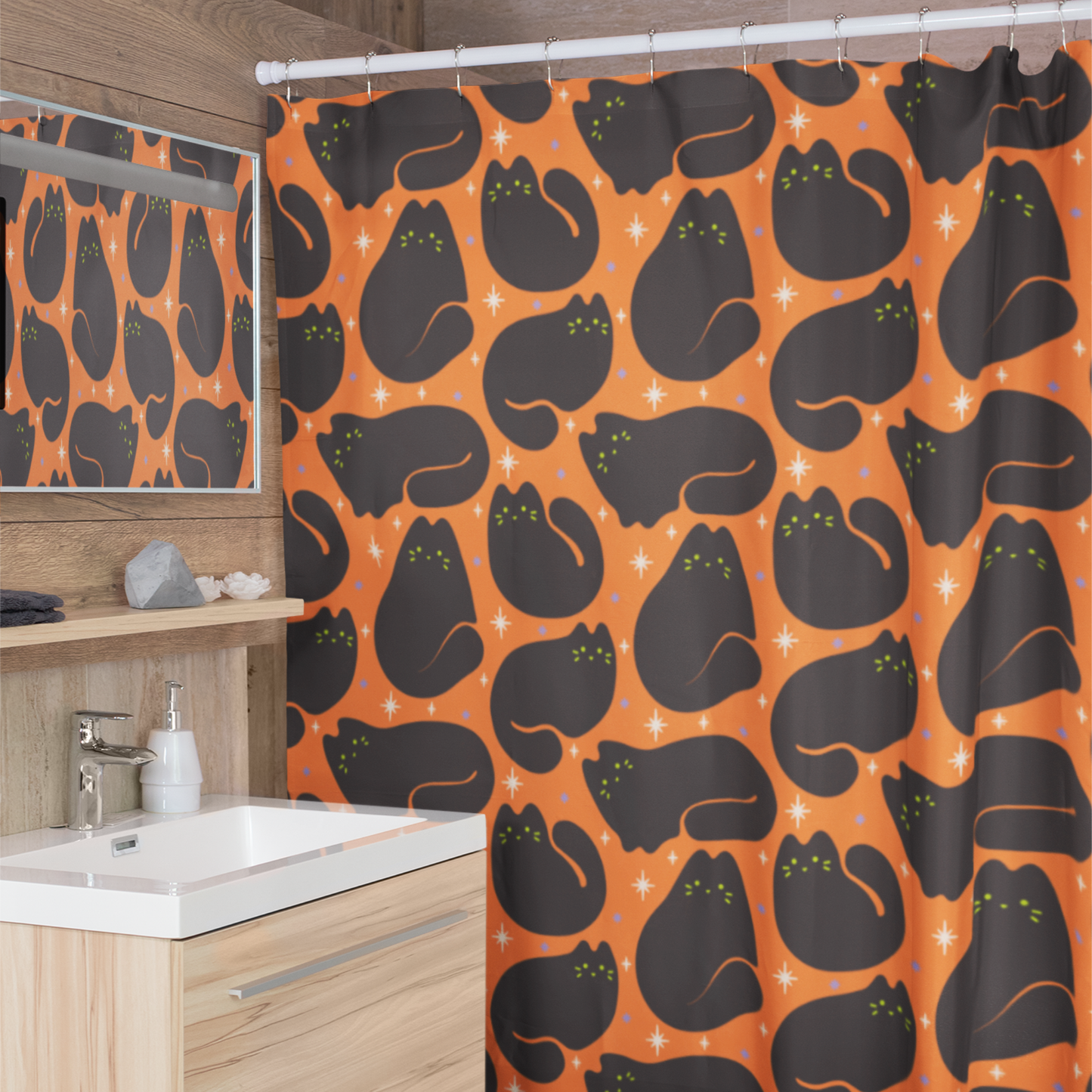 Retro Black Cats Halloween Orange Shower Curtain