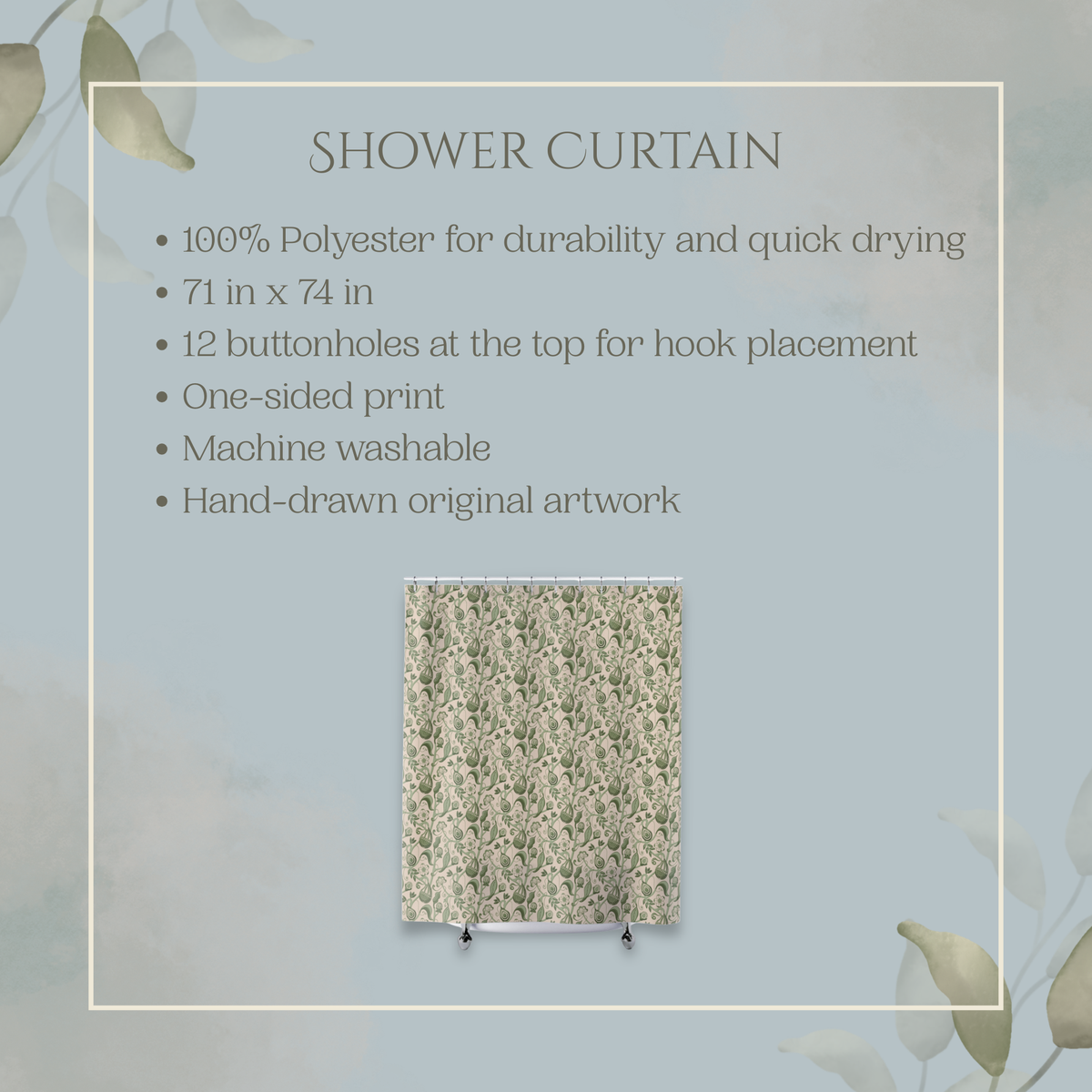 Indian Floral Pear Sage Green Shower Curtain