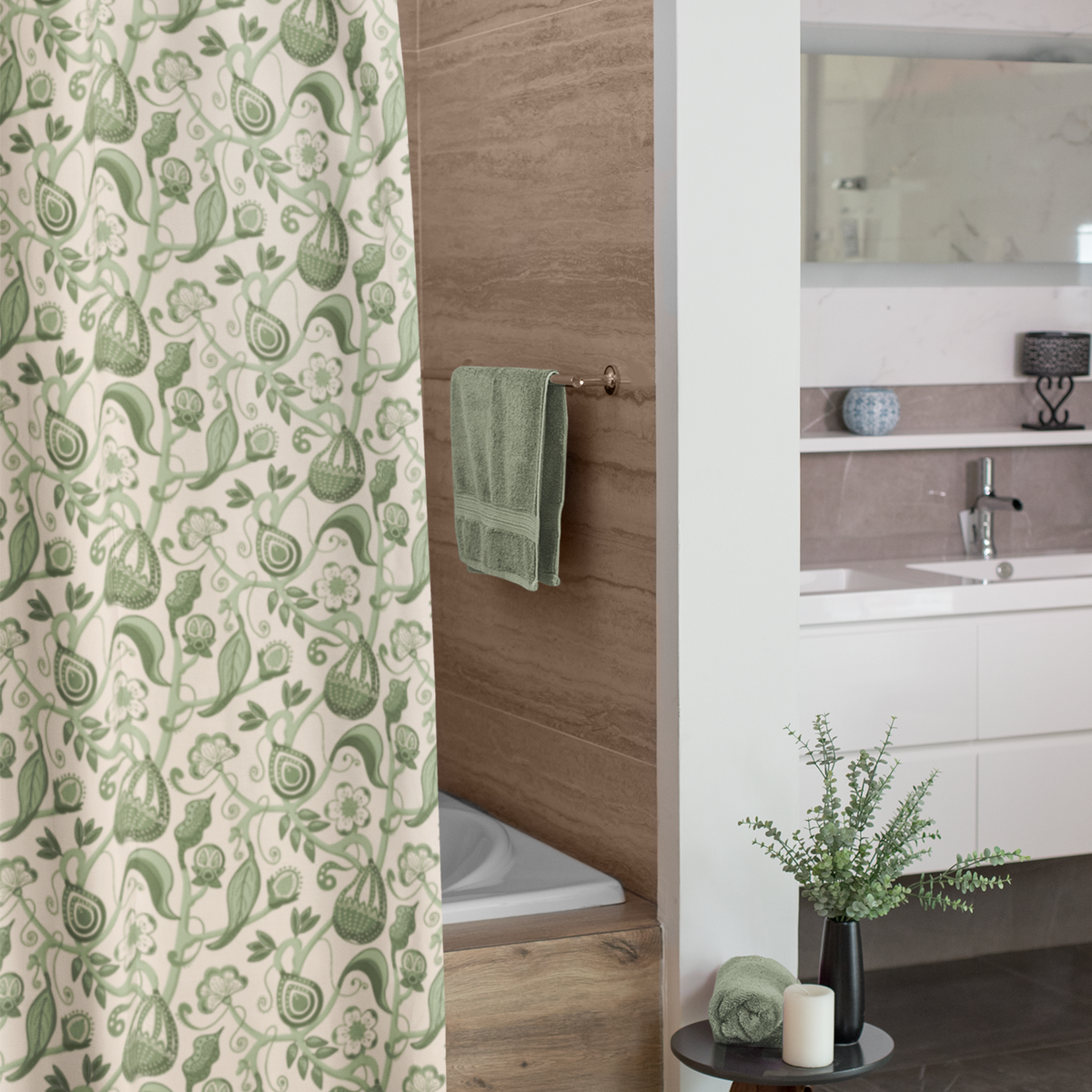 Indian Floral Pear Sage Green Shower Curtain