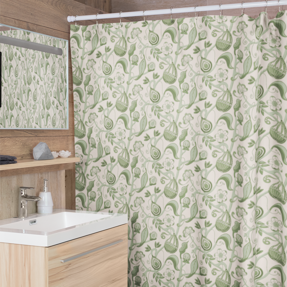 Indian Floral Pear Sage Green Shower Curtain