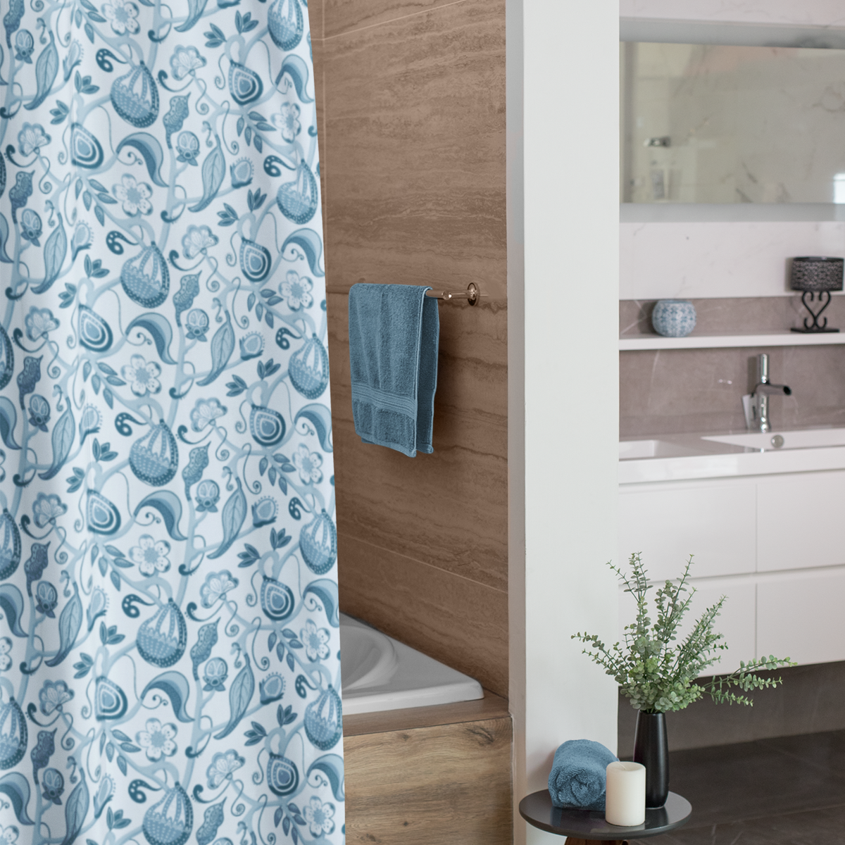 Indian Floral Pear Blue Shower Curtain