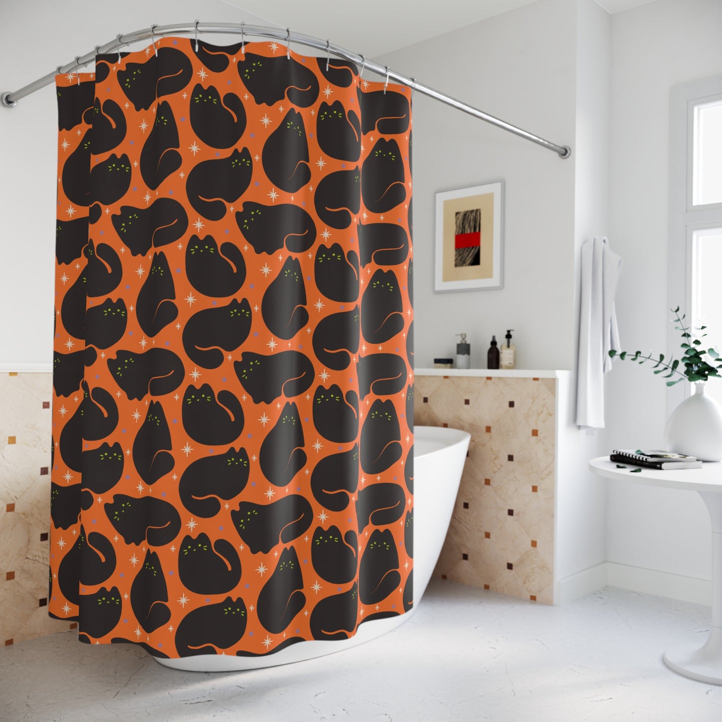 Retro Black Cats Halloween Orange Shower Curtain