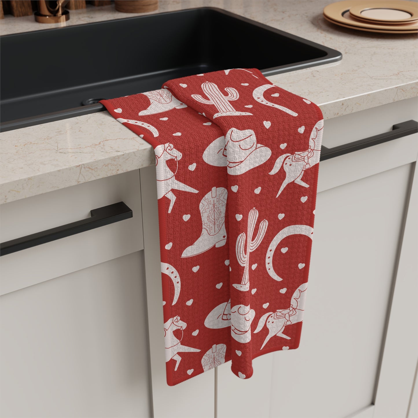 White Western Valentine Red Microfiber Tea Towel