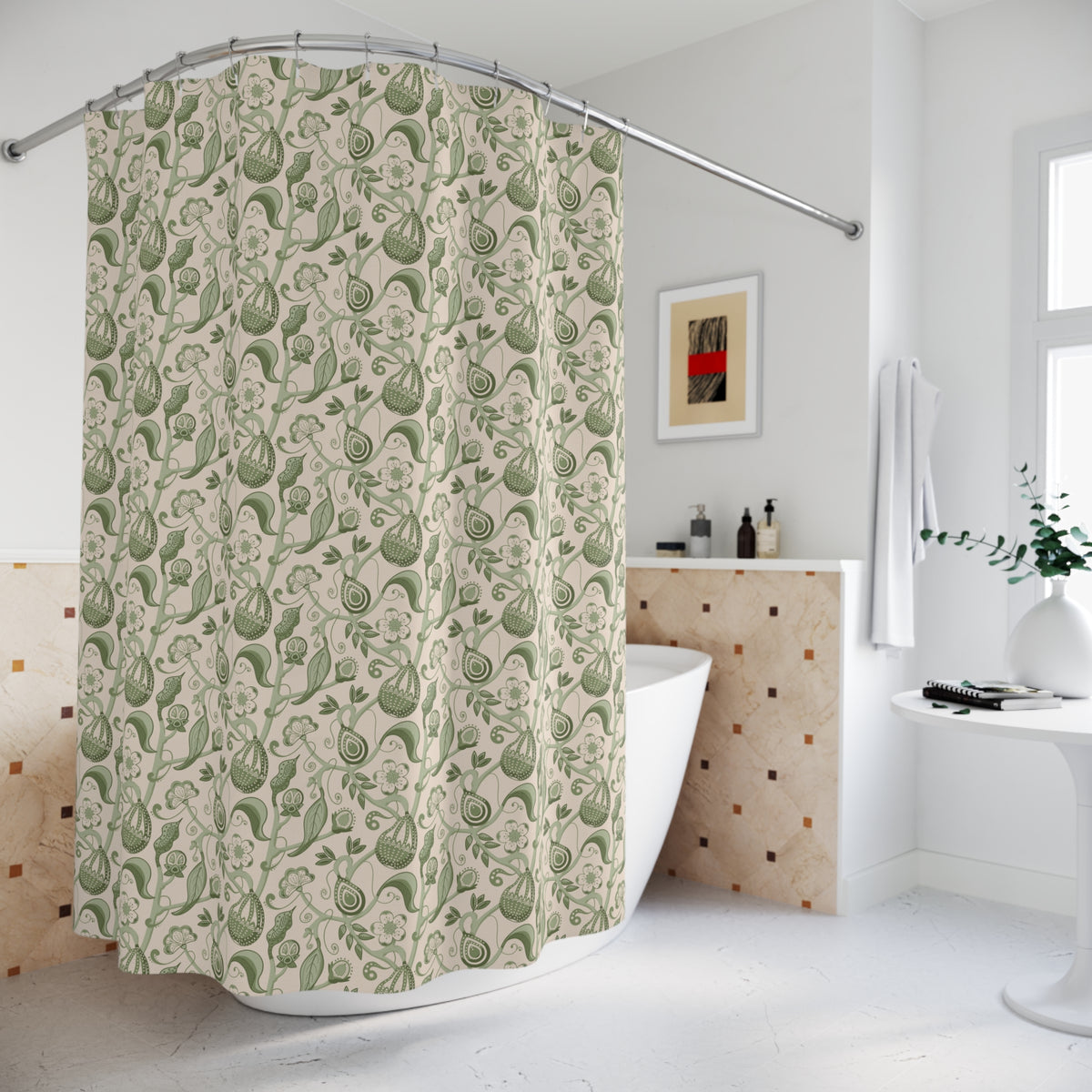 Indian Floral Pear Sage Green Shower Curtain