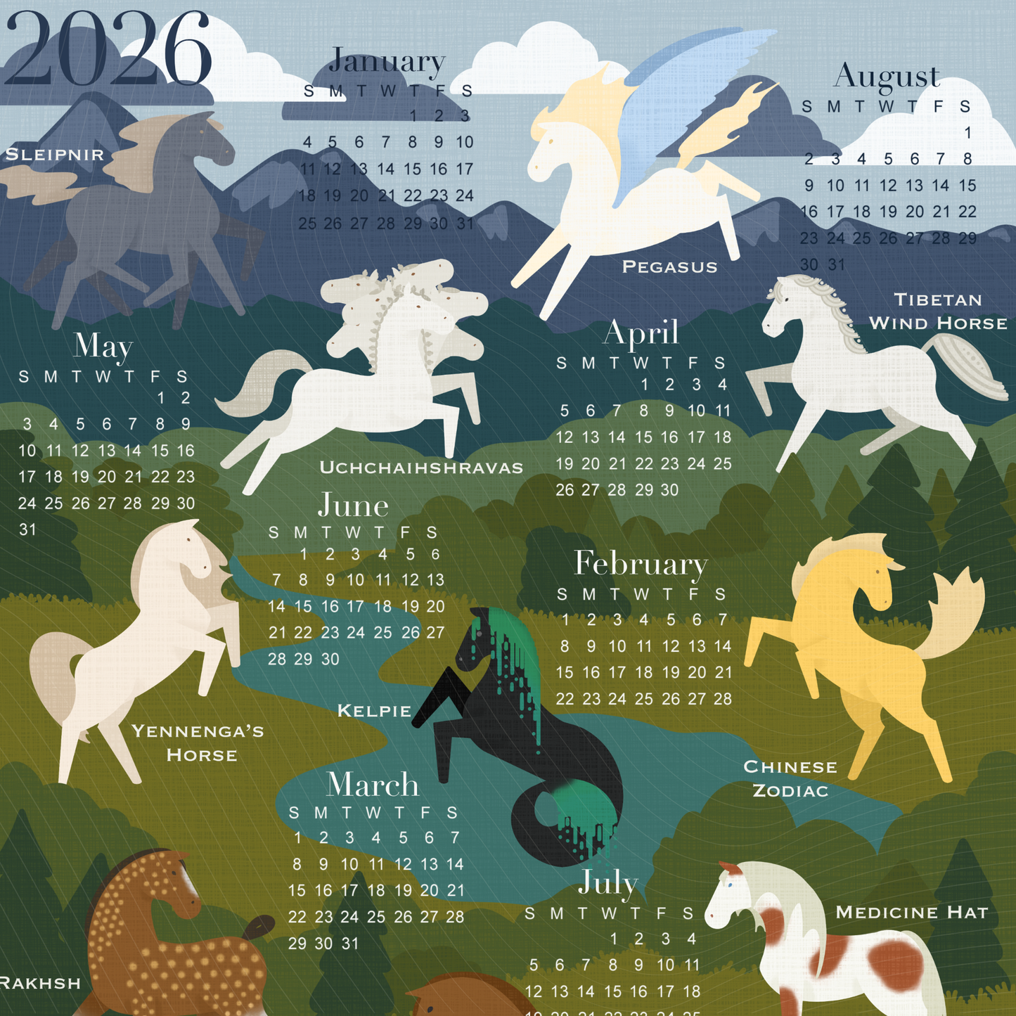 2026 Year of the Horse Folklore Horses from Around the World Tea Towel Calendar
