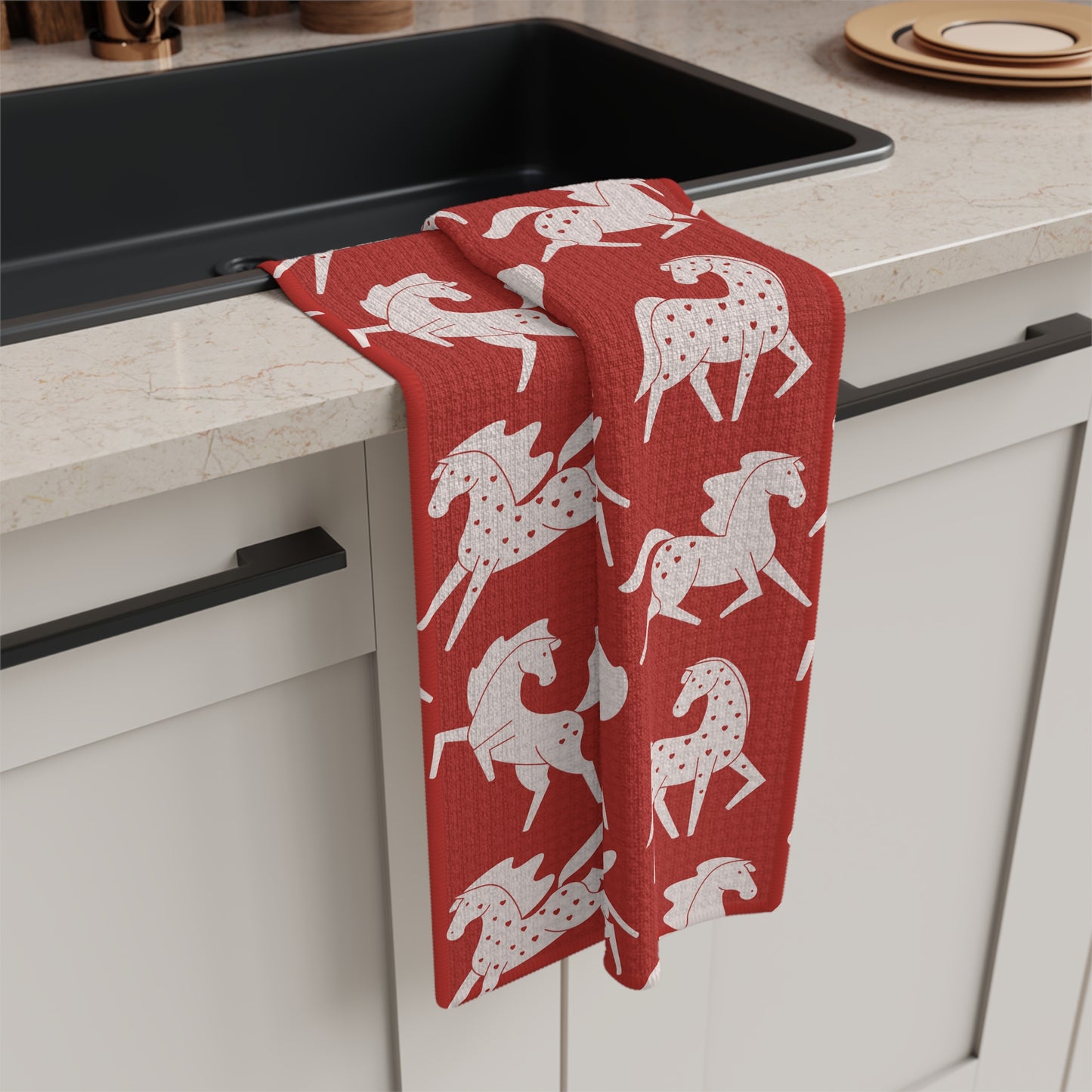 White Sweetheart Appaloosas on Red Microfiber Tea Towel