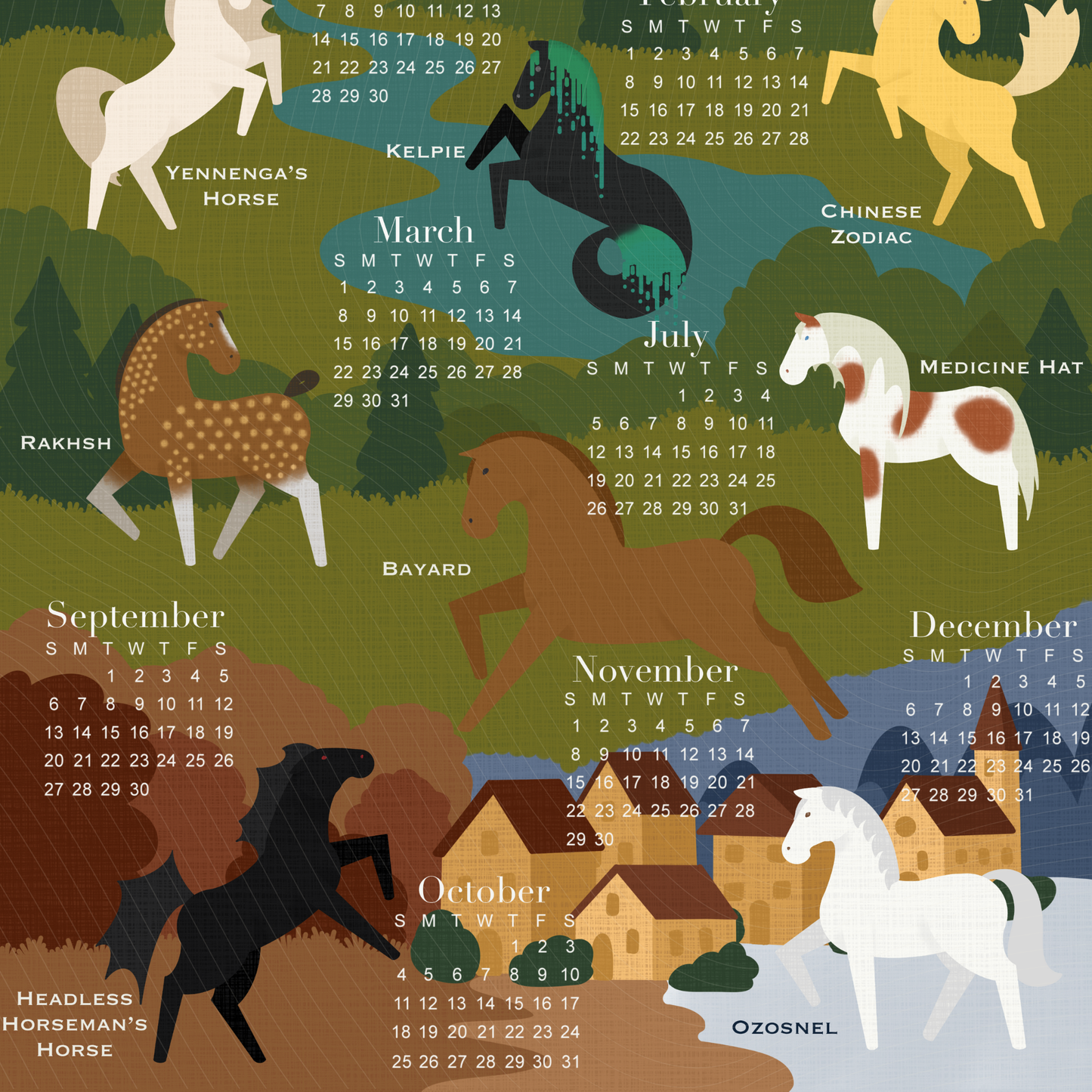 2026 Year of the Horse Folklore Horses from Around the World Tea Towel Calendar