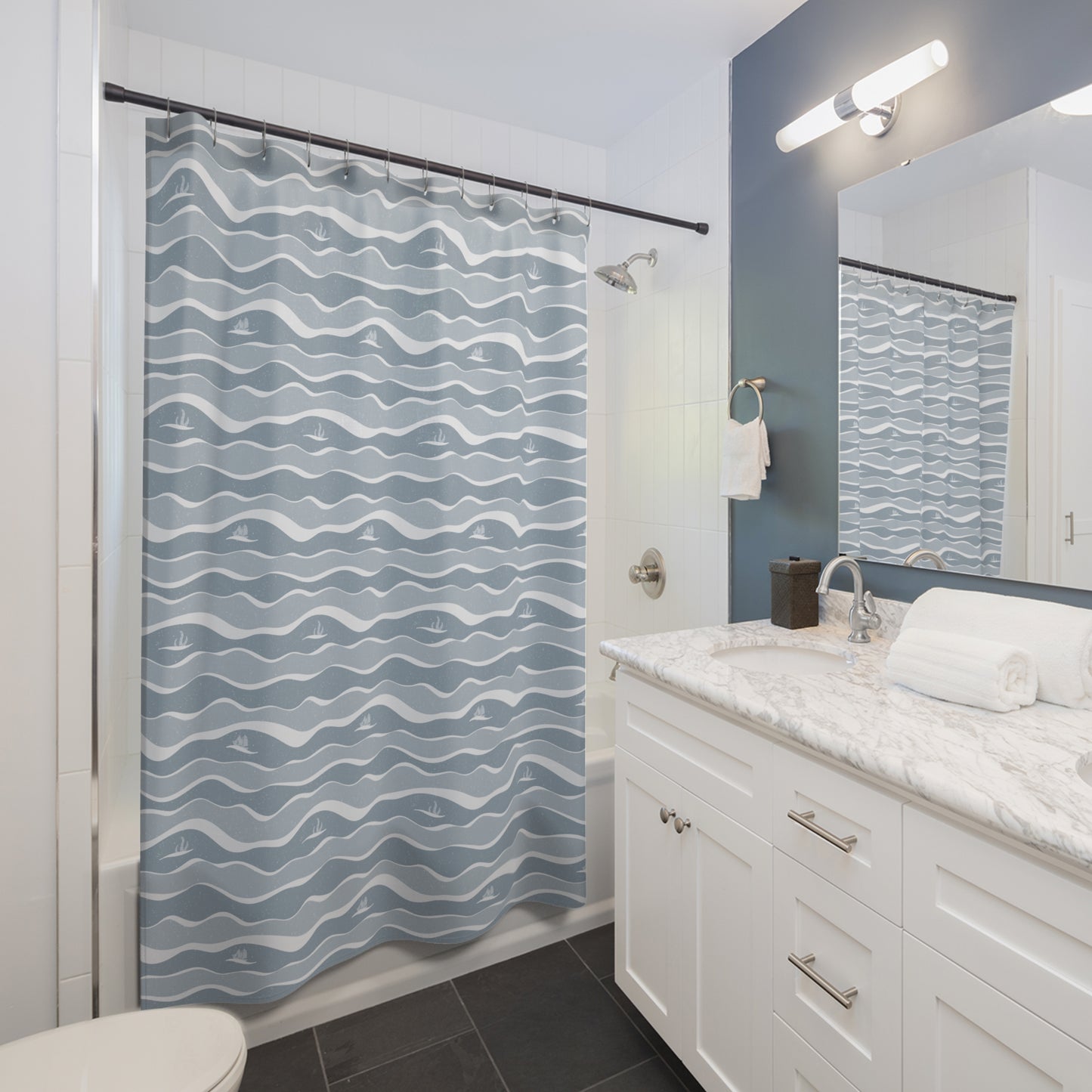 Ocean Wave Pattern with Ship & Kraken Shower Curtain
