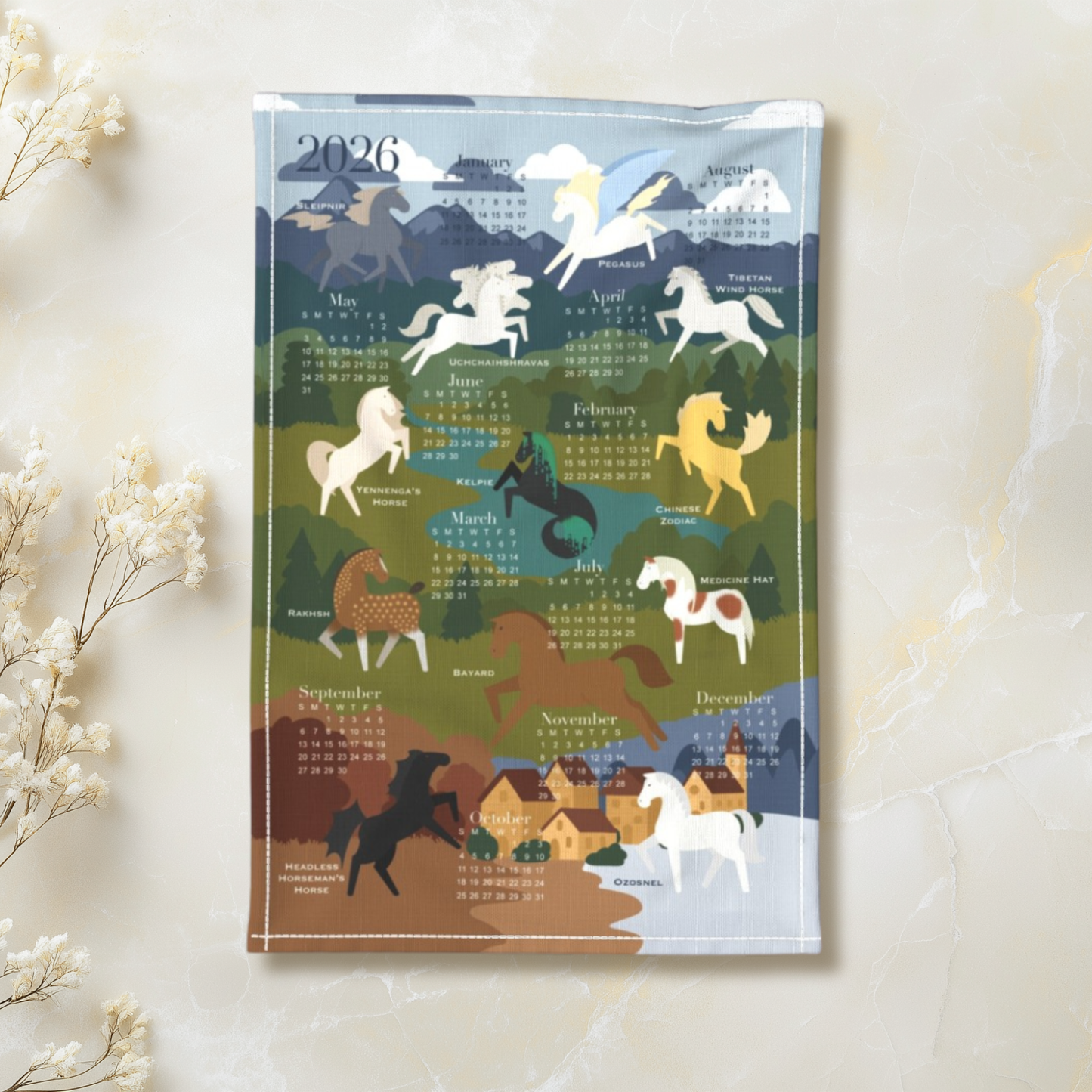 2026 Year of the Horse Folklore Horses from Around the World Tea Towel Calendar